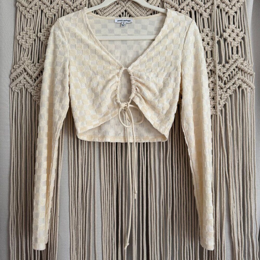 Pretty Garbage Checkered Drawstring Crop Top – Off White – Size Medium – EUC